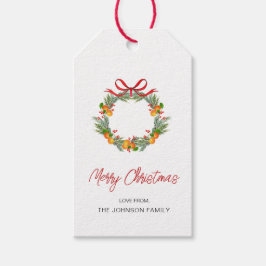 水彩柑橘系リースとレッドボウクリスマス ギフトタグ