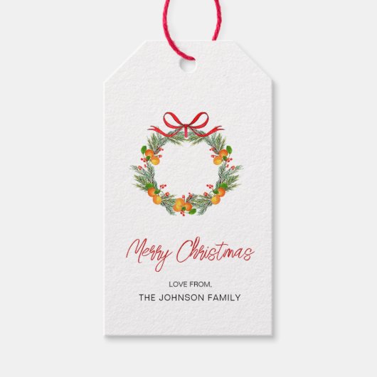 水彩柑橘系リースとレッドボウクリスマス ギフトタグ (正面)