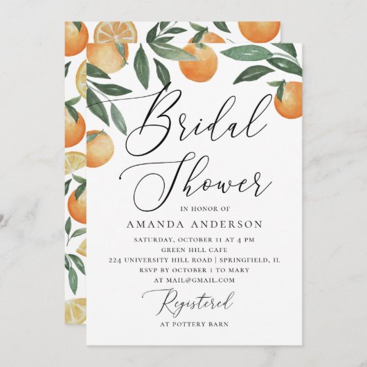 水彩柑橘系庭園スクリプトブライダルシャワー 招待状 (正面/裏面)