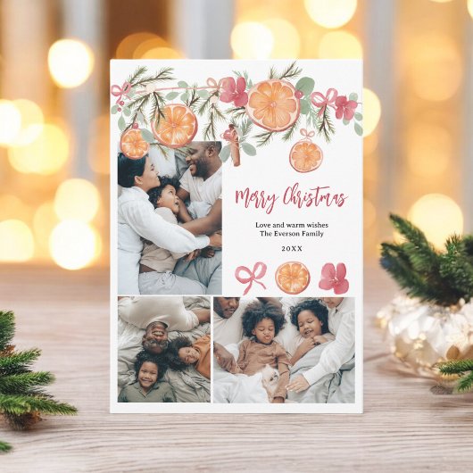 水彩柑橘類とフローラ5フォトクリスマス シーズンカード