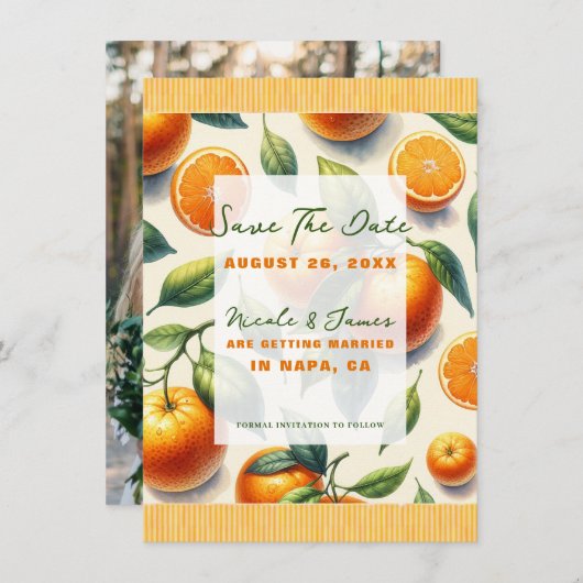 水彩柑橘類オレン葉ジの日付保存 招待状 (正面/裏面)