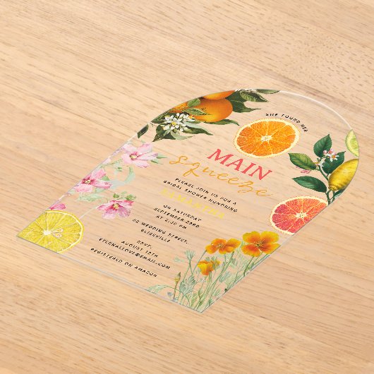 水彩柑橘類フローラブライダルシャワーブランチアーチ アクリル招待状 (レイダウン)