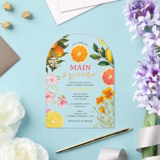 水彩柑橘類フローラブライダルシャワーブランチアーチ アクリル招待状 (インサイチュ (ウェディング))