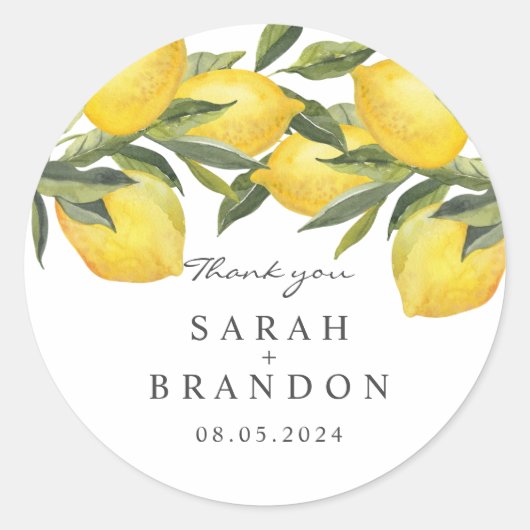 水彩柑橘類レモンサマー結婚ズ ラウンドシール (正面)