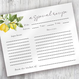 水彩柑橘類レモンブライダルシャワーレシピカード