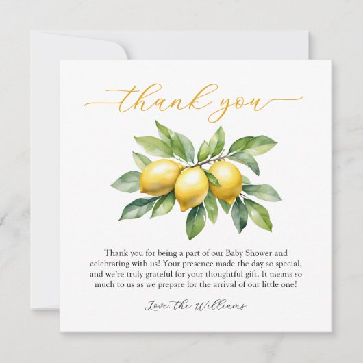 水彩柑橘類レモンベビーシャワー サンキューカード (正面)