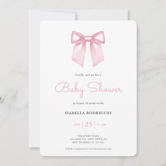 水彩柔らかいピンクの弓ベビーシャワー招待状 招待状 (正面)