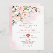 水彩柔らかい赤面ピンク結婚の花 招待状 (正面/裏面)