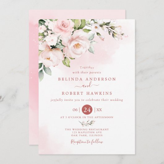 水彩柔らかい赤面ピンク結婚の花 招待状 (正面/裏面)