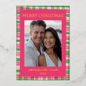 水彩格子模様の手作りクリスマスカスタム写真 箔シーズンカード (正面)