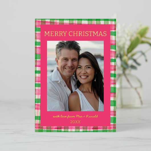 水彩格子模様の手作りクリスマスカスタム写真 箔シーズンカード (立ち正面)