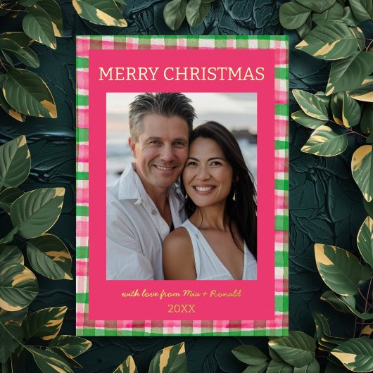 水彩格子模様の手作りクリスマスカスタム写真 箔シーズンカード