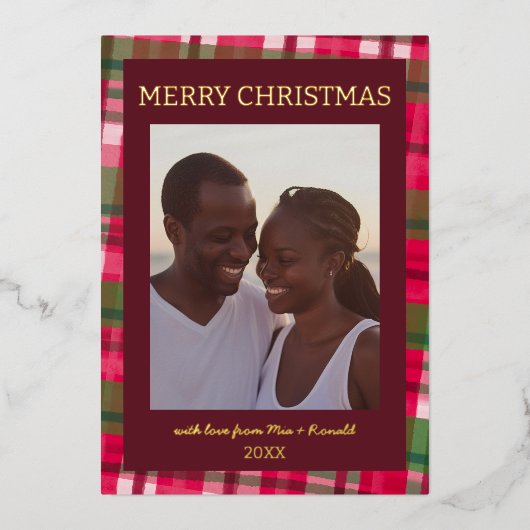 水彩格子模様の手作りクリスマスカスタム写真 箔シーズンカード (正面)