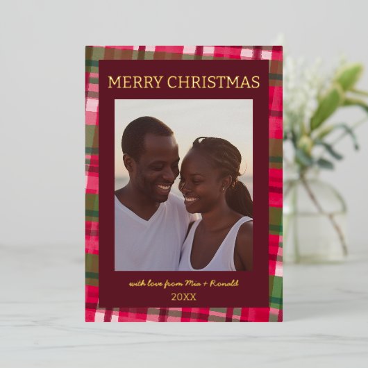 水彩格子模様の手作りクリスマスカスタム写真 箔シーズンカード (立ち正面)