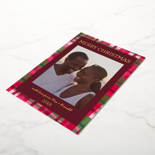 水彩格子模様の手作りクリスマスカスタム写真 箔シーズンカード (回転した状態)