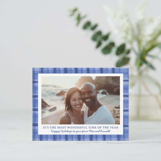 水彩格子模様の手作りクリスマスカスタム3写真 シーズンポストカード (スタンド正面)