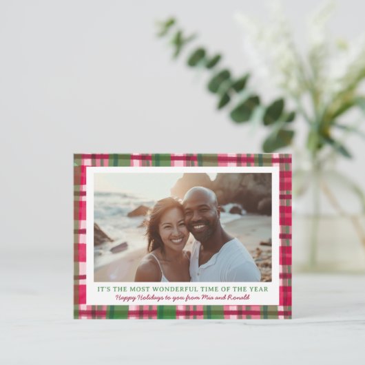 水彩格子模様の手作りクリスマスカスタム3写真 シーズンポストカード (スタンド正面)