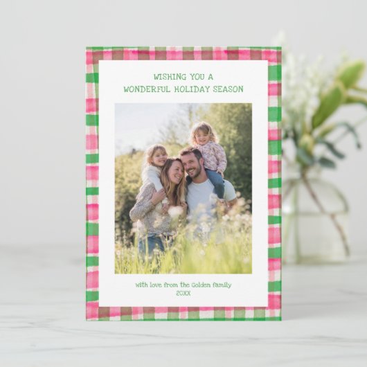 水彩格子模様の手作りクリスマスカスタム5写真 シーズンカード (スタンド正面)