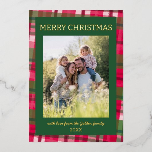 水彩格子模様の手作りクリスマスカスタム5写真 箔シーズンカード (正面)