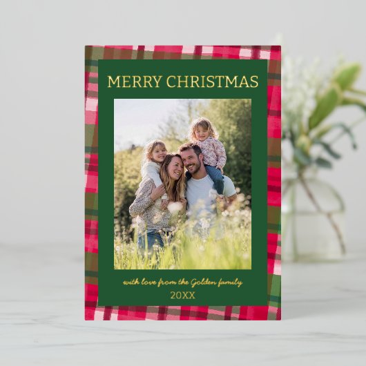 水彩格子模様の手作りクリスマスカスタム5写真 箔シーズンカード (立ち正面)