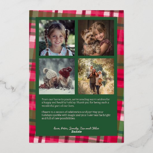 水彩格子模様の手作りクリスマスカスタム5写真 箔シーズンカード (裏面)