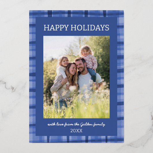 水彩格子模様の手作りクリスマスカスタム5写真 箔シーズンカード (正面)