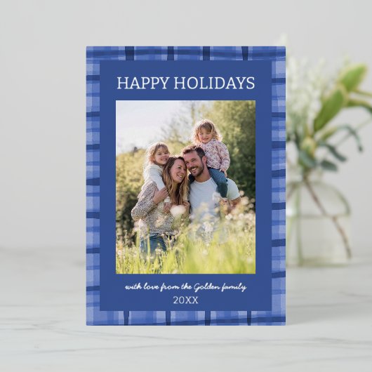 水彩格子模様の手作りクリスマスカスタム5写真 箔シーズンカード (立ち正面)