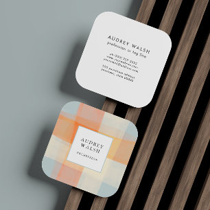 水彩格子模様オレンジクリームブループロフェッショナル スクエア名刺