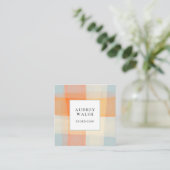 水彩格子模様オレンジクリームブループロフェッショナル スクエア名刺 (スタンド正面)