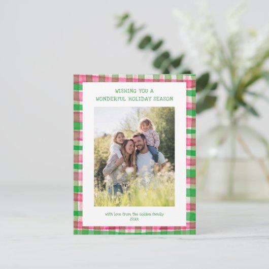 水彩格子模様ピンクのクリスマスカスタム3写真 シーズンポストカード (スタンド正面)