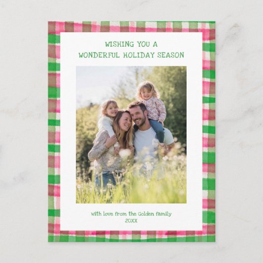 水彩格子模様ピンクのクリスマスカスタム3写真 シーズンポストカード (正面)