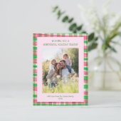 水彩格子模様ピンクのクリスマスカスタム3写真 シーズンポストカード (スタンド正面)