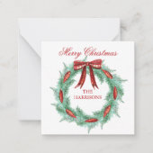 水彩格子模様リボンリースクリスマスエンクロージャ ノートカード (正面)