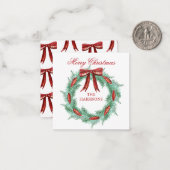 水彩格子模様リボンリースクリスマスエンクロージャ ノートカード (正面/裏面インサイチュ)