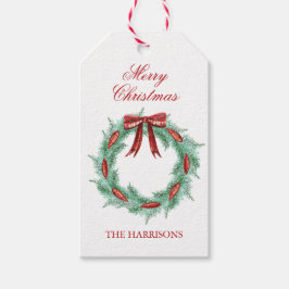 水彩格子模様リボンリースクリスマス ギフトタグ