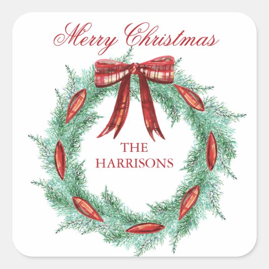 水彩格子模様リボンリースクリスマス スクエアシール (正面)