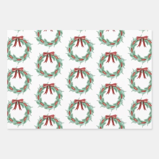 水彩格子模様リボンリースクリスマス ラッピングペーパーシート (正面3)