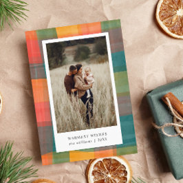 水彩格子模様 | 緑 オレンジ2 フォト シーズンカード