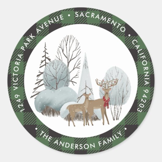 水彩格子状クリスマス差出人住所ラベル ラウンドシール (正面)
