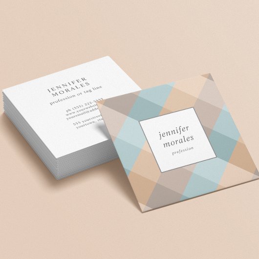 水彩格子状ティール(緑がかった色)ブラウンタンアクア スクエア名刺