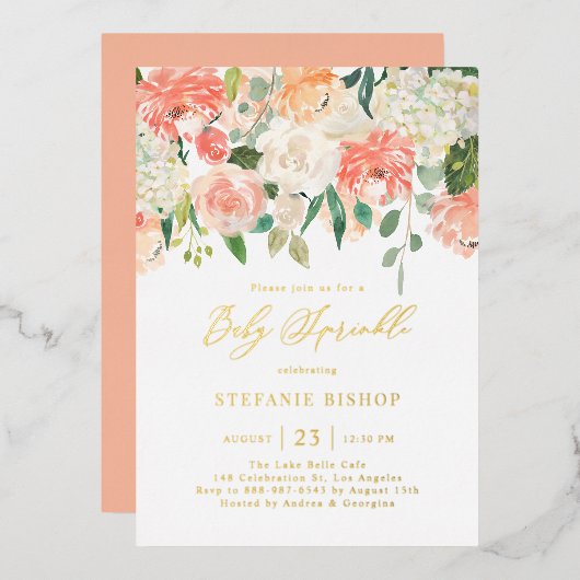 水彩桃とアイボリー花ベビー散水 箔招待状 (正面/裏面)