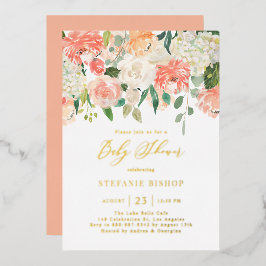 水彩桃とアイボリー花赤ちゃんシャワー 箔招待状