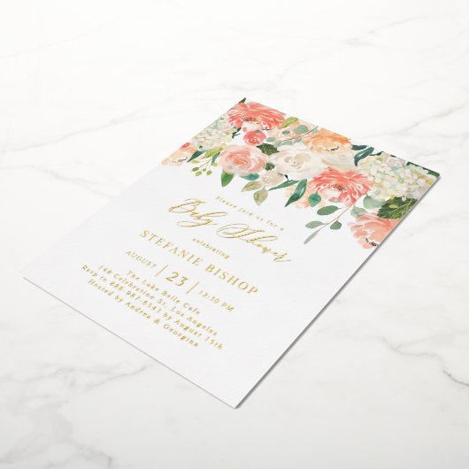 水彩桃とアイボリー花赤ちゃんシャワー 箔招待状 (回転した状態)