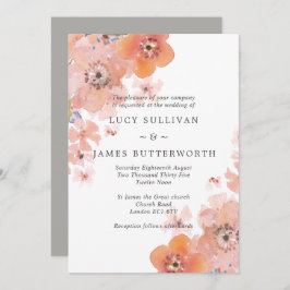 水彩桃とグレーのフローラ結婚ズ 招待状