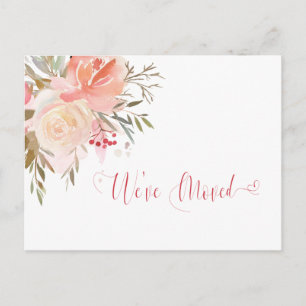 水彩桃とピンクの引っ越しました発表 ポストカード