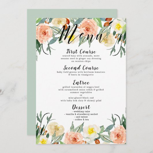 水彩桃と白の庭の花 メニュー (正面/裏面)