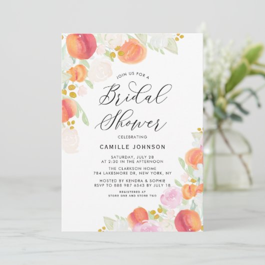 水彩桃と花のブライダルシャワー 招待状 (スタンド正面)