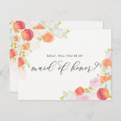 水彩桃と花私のメイド・オブ・オーナー(花嫁付き添い人) インビテーションポストカード (正面/裏面)