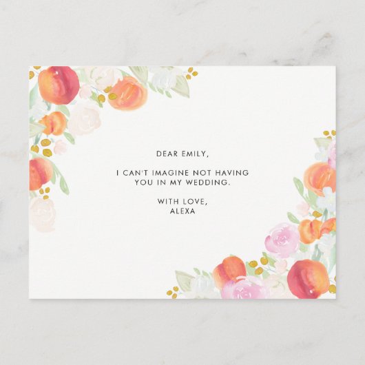 水彩桃と花私のメイド・オブ・オーナー（花嫁付き添い人） インビテーションポストカード (裏面)