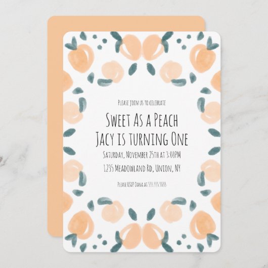 水彩桃のフルーツ誕生日パーティア縁どート 招待状 (正面/裏面)